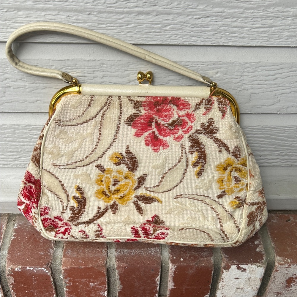 Vintage Ivory Floral Tapestry Frame Bag with Gold Trim